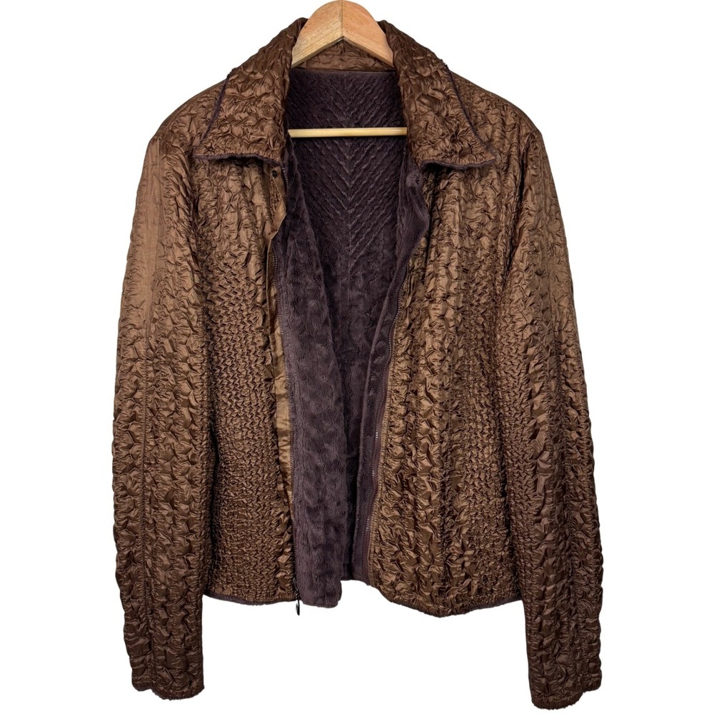 UBU‎ I'll Be Me Brown Textured Reversible Faux Fur Jacket Womens Size L Full Zip